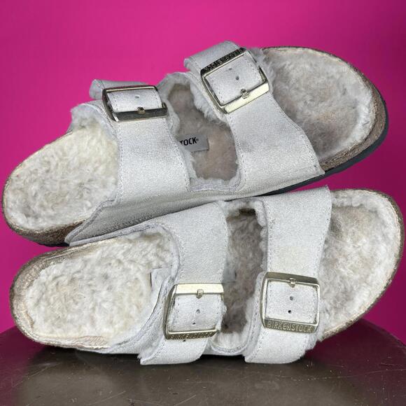Birkenstock Arizona Shearling Antique White Suede Double Strap Sandal US 9 - Picture 7 of 9